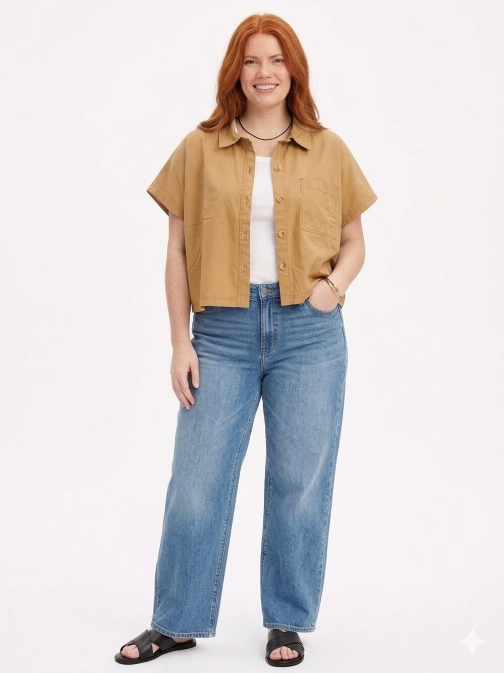 Future Collective Khaki Brown Capped Short Sleeve Button Front Top Women's